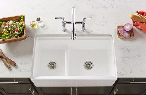 top view of new Elkay Fireclay Farmhouse Sink w/ Aqua Divide