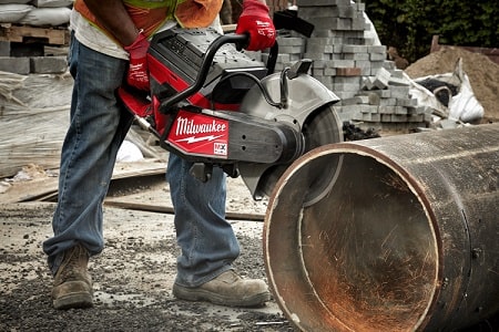 action shot of milwaukee mx fuel 14-inch cut-off saw