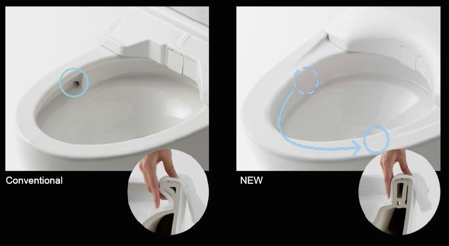 depiction of how the new tornado flush design on the gf50 makes it easier to maintain a clean toilet bowl