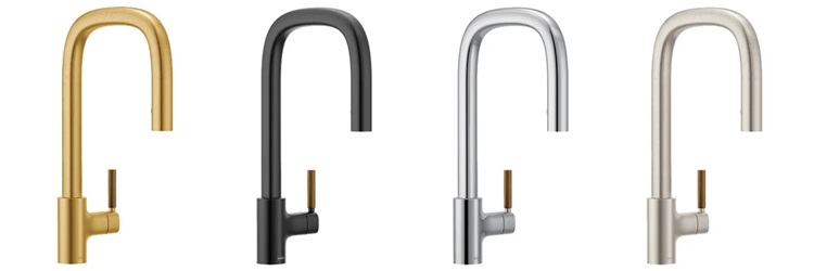 moen tenon kitchen faucets in each finish (brushed gold, matte black, polished chrome, spot resist finish)